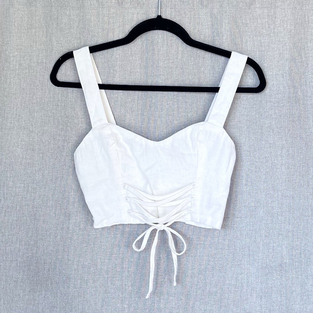 NWOT Abercrombie & Fitch White Lace-Up Crop Top Linen Sweetheart Neckline XS